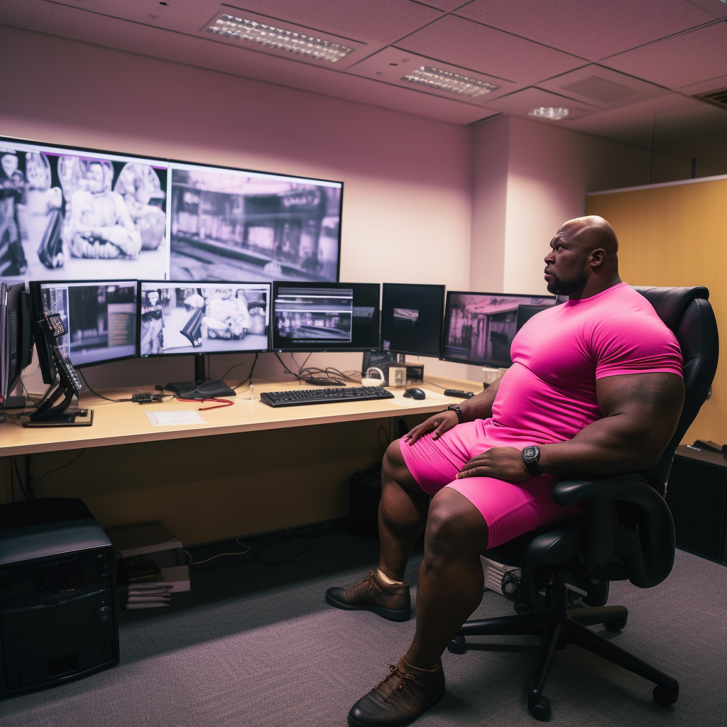 Enormous Black American Giant in Financial Market Office