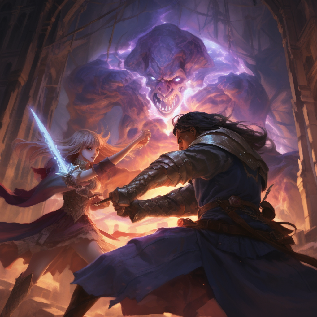 Enraged warrior attacking sorcerer in dungeon artwork