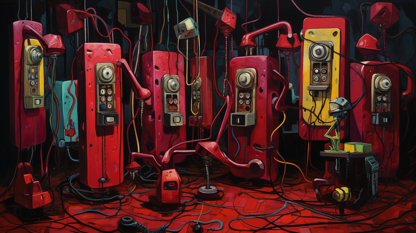 Colorful entangled telephones in a burgundy room