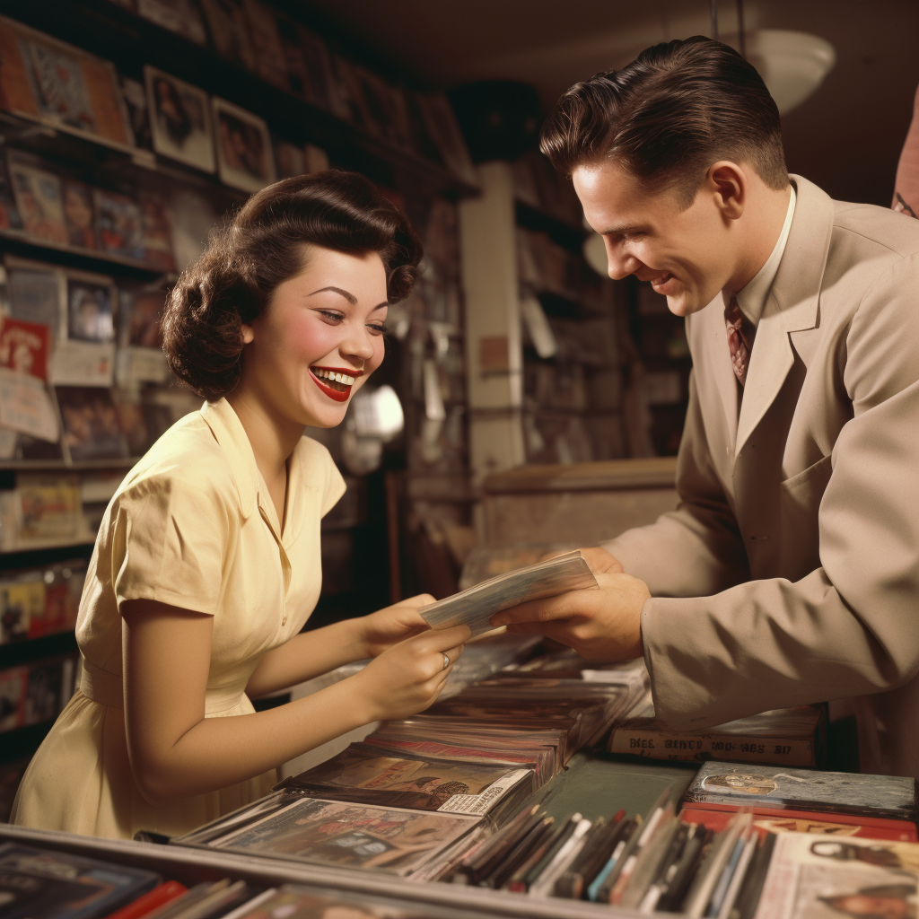 Woman enthusiastically recommending a vinyl