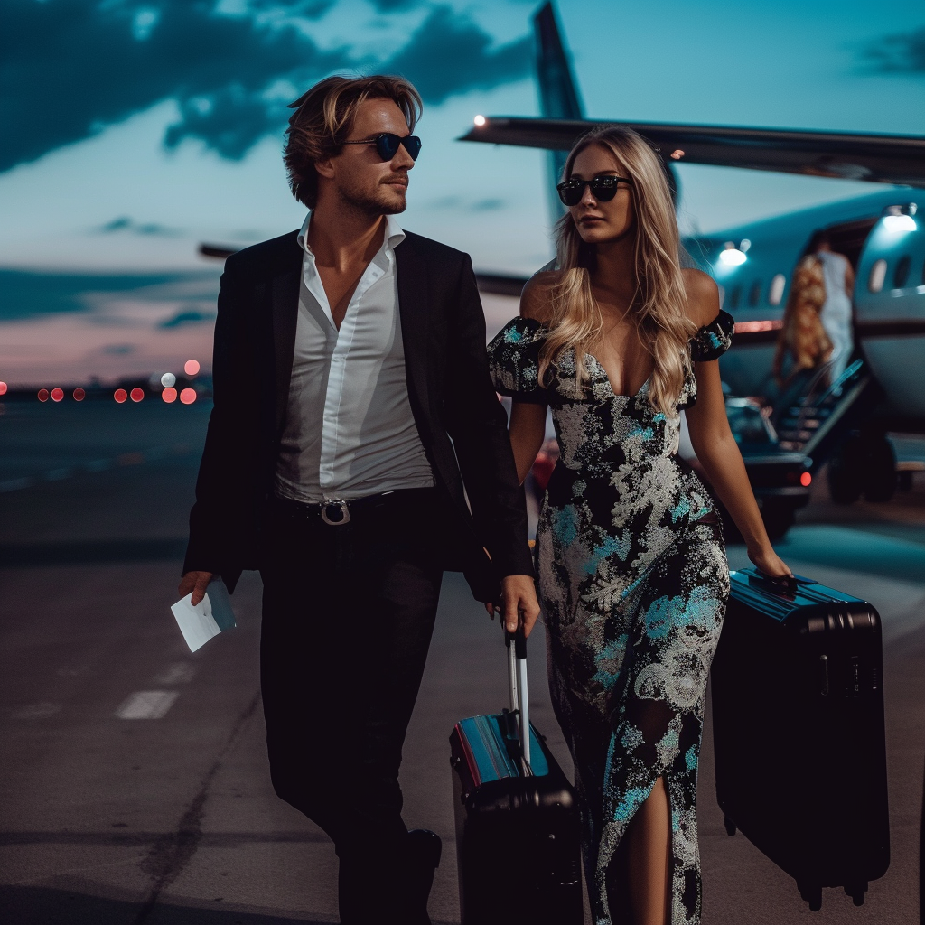 Entrepreneur Man and Blonde Girl with Suitcases on Plane