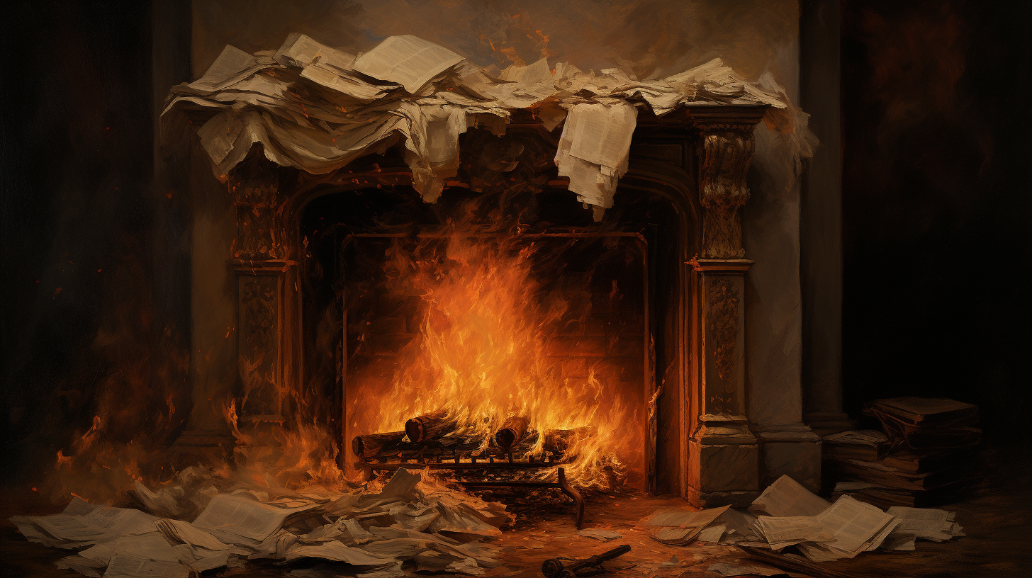 Burning envelop in fireplace art