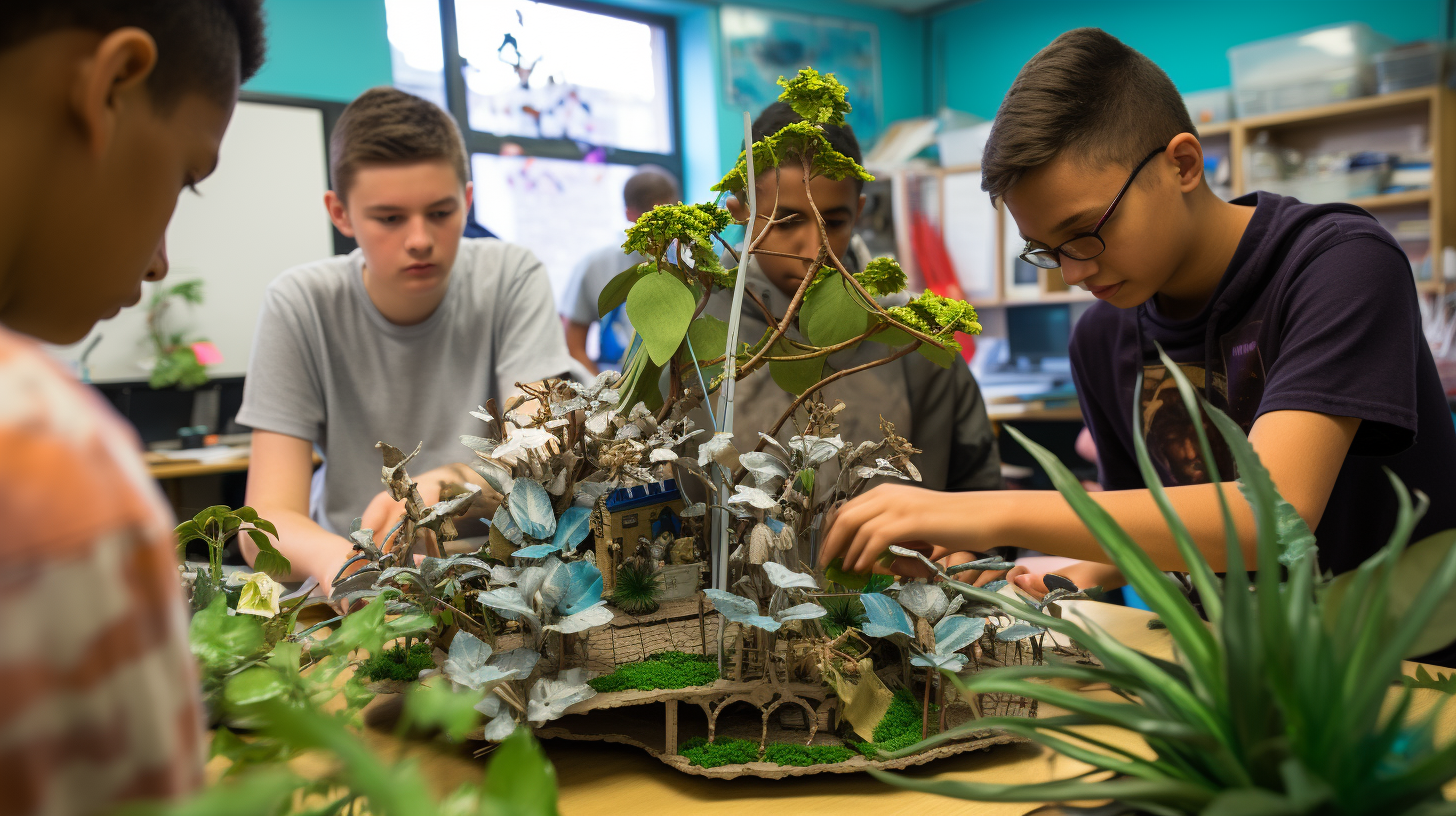 Students constructing eolic plant model