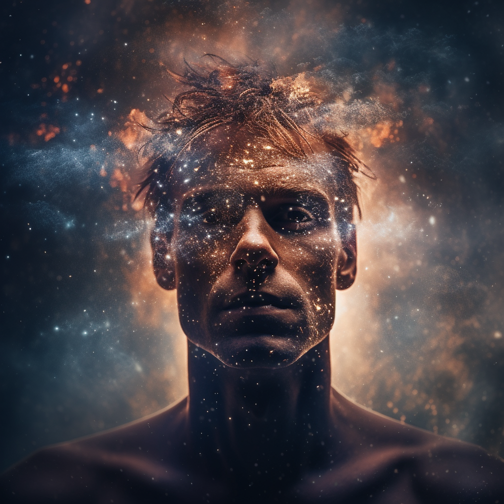 Remarkable double exposure portrait of a male in a cosmic universe