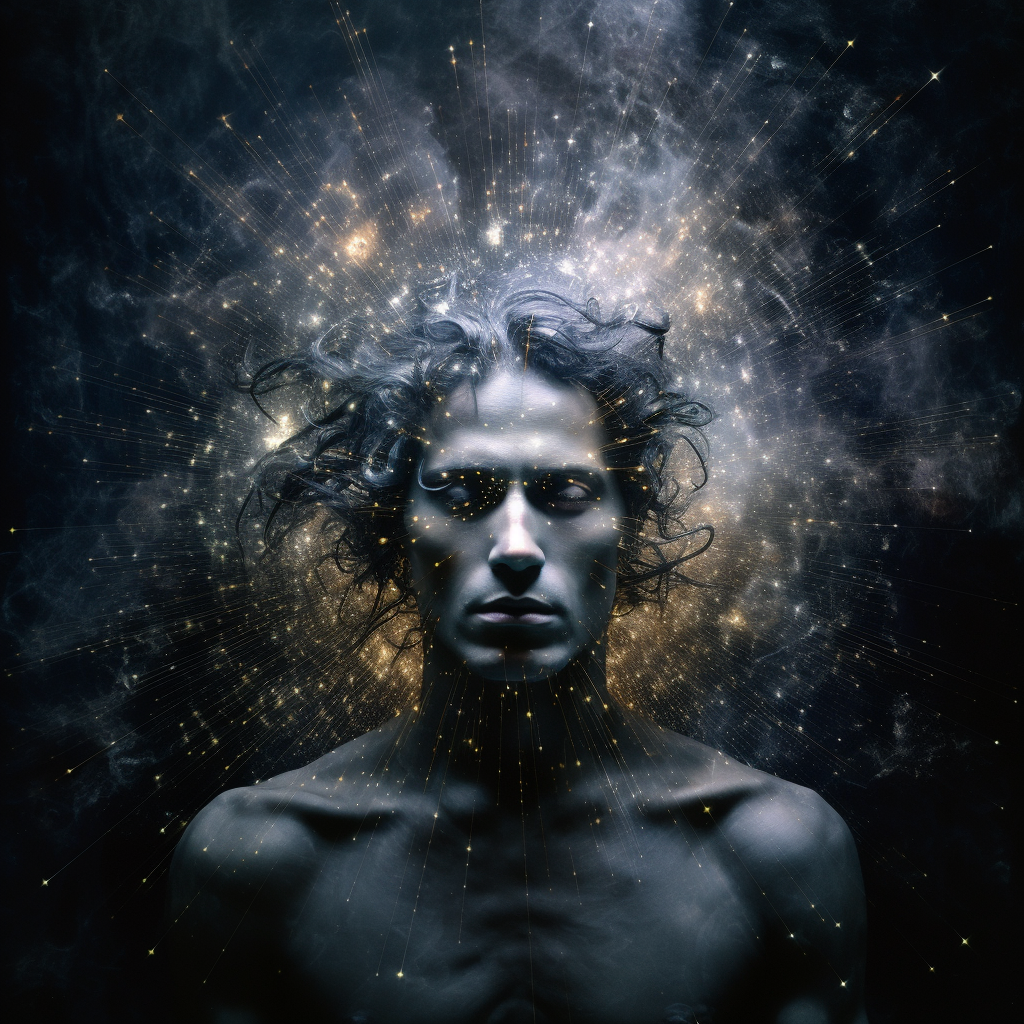 Ephemeral male star god in cosmic universe