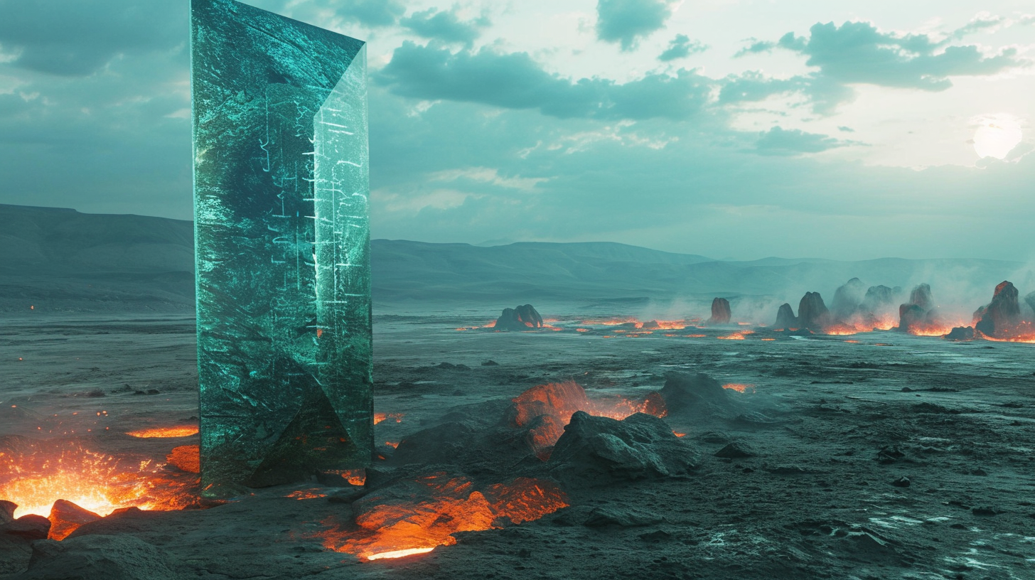 A cyan monolith with glowing inscriptions in the desert