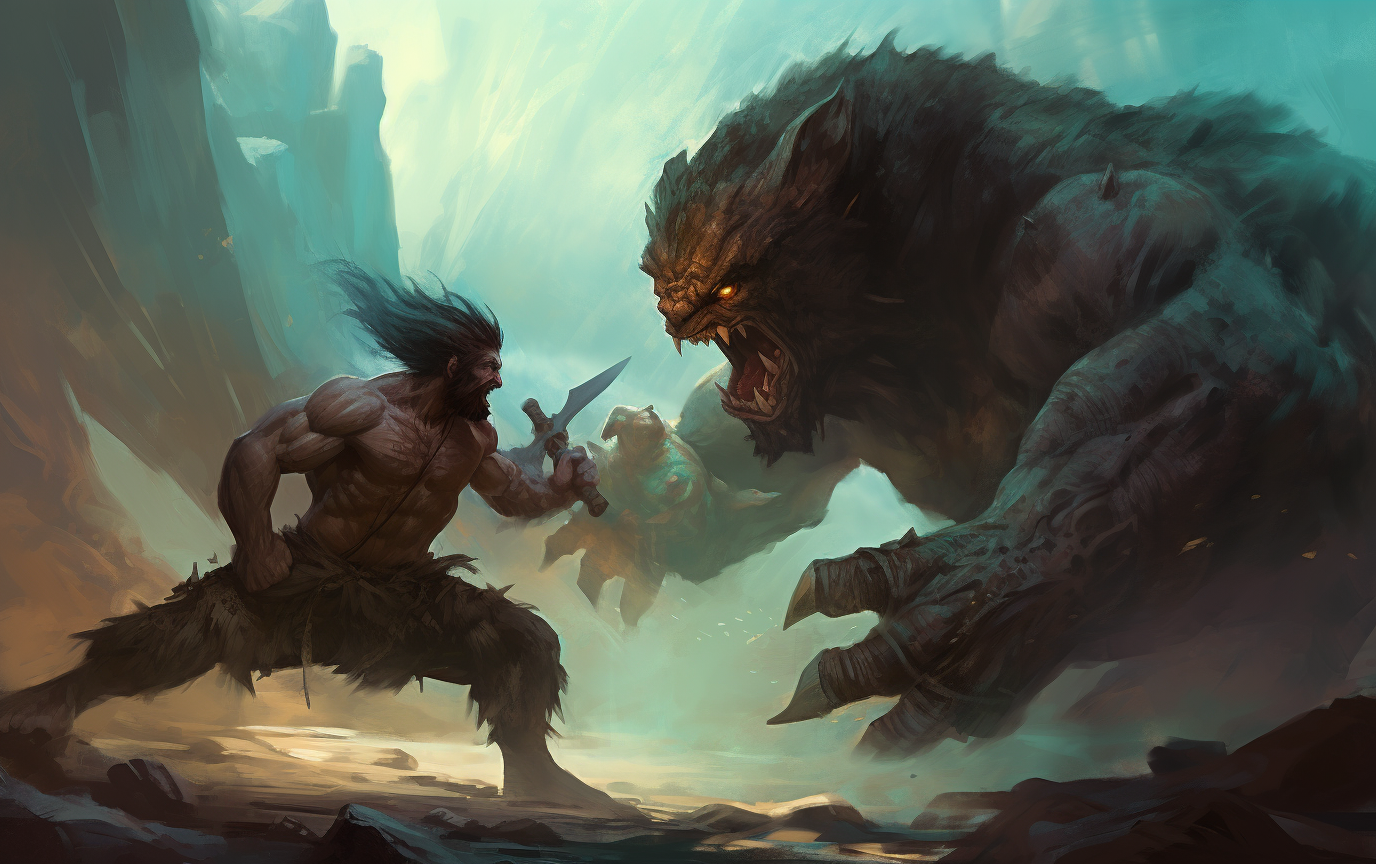 Epic fantasy battle with huge beast