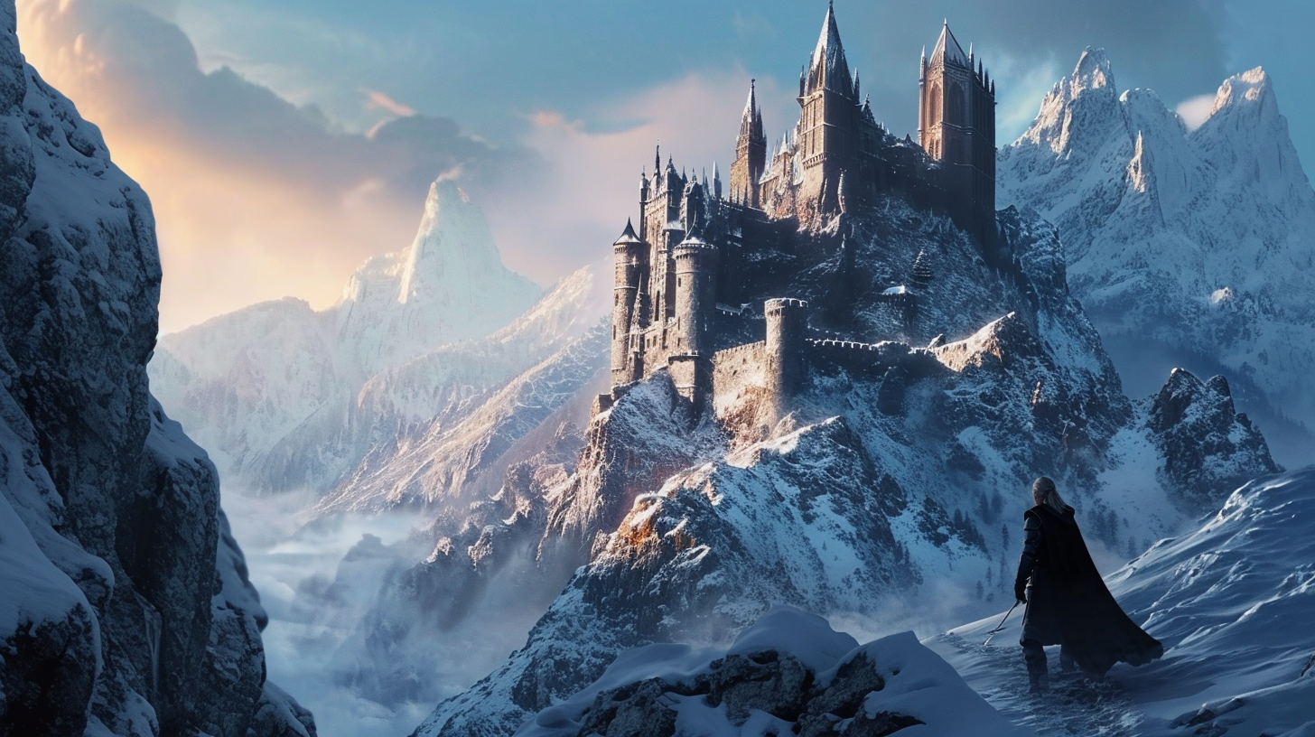 Snowy epic fantasy castle in mountains