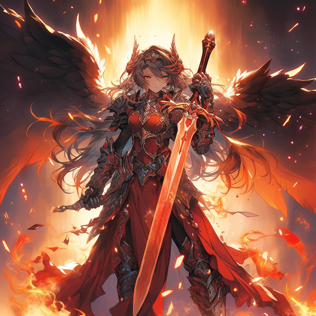 Female angel with flame wings and sword