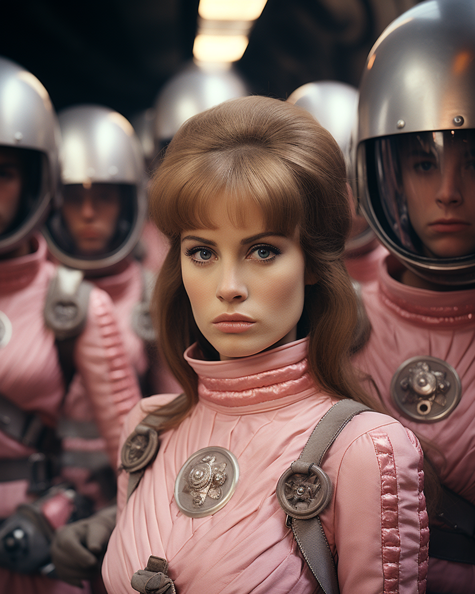 Woman in pink dress surrounded by soldiers in an epic space travel scene