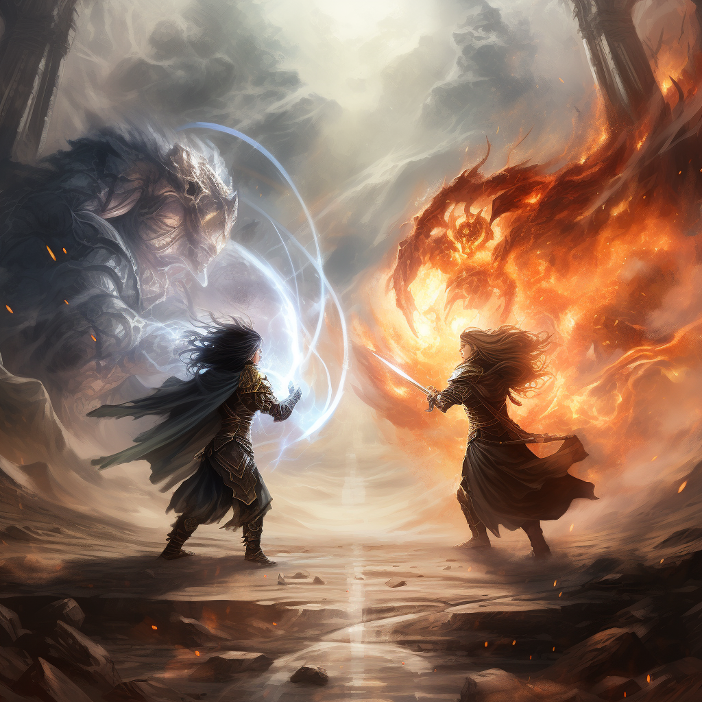 Powerful mages casting spells in epic battle