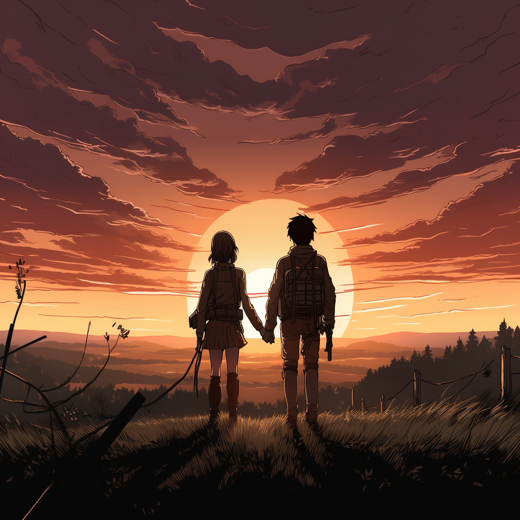 Eren and Mikasa holding hands at sunset