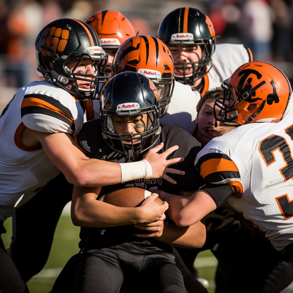 Erie High School Tigers Football Team Playing Against Holy Family High School with 2 Players Fighting