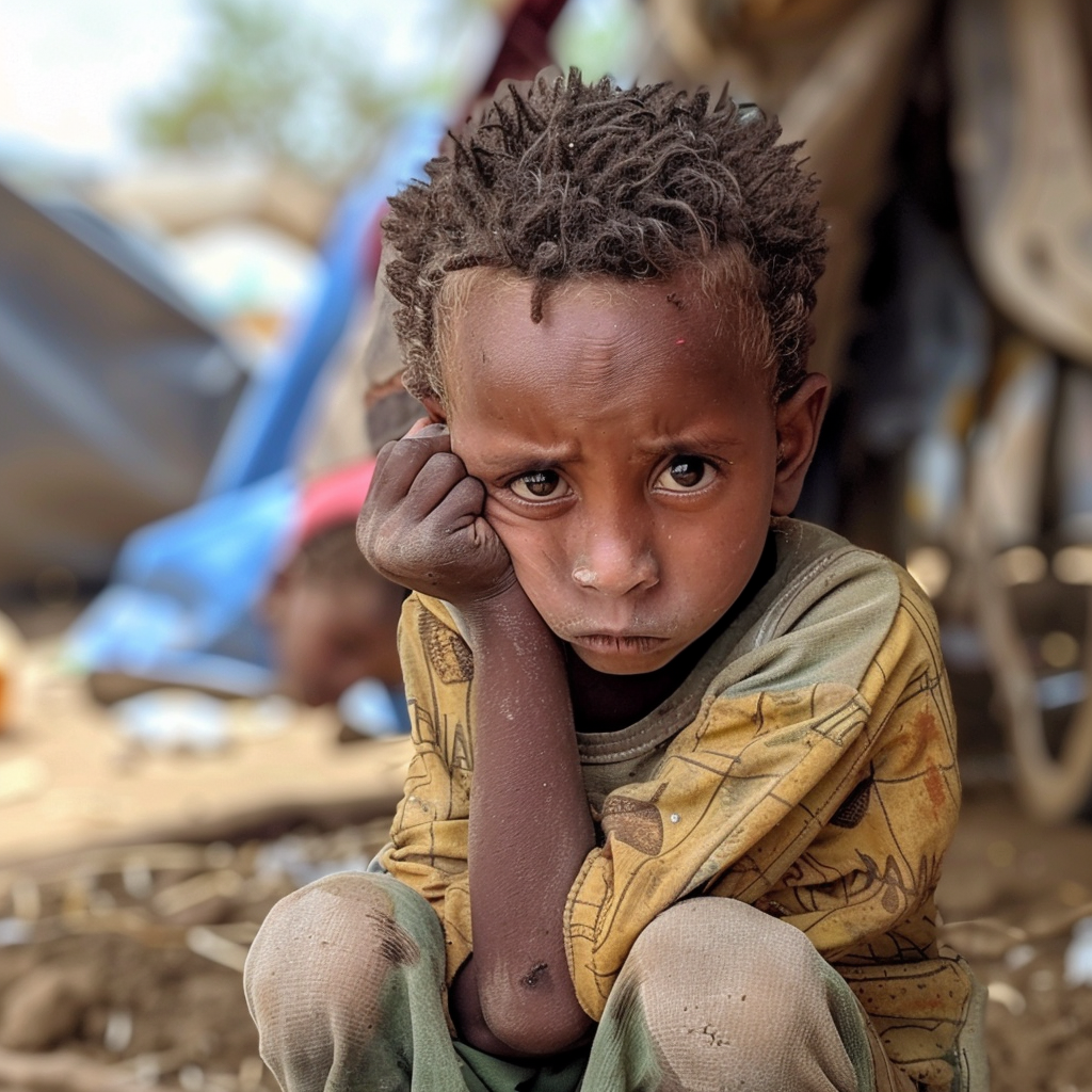 Sad Eritrean child in refugee camp