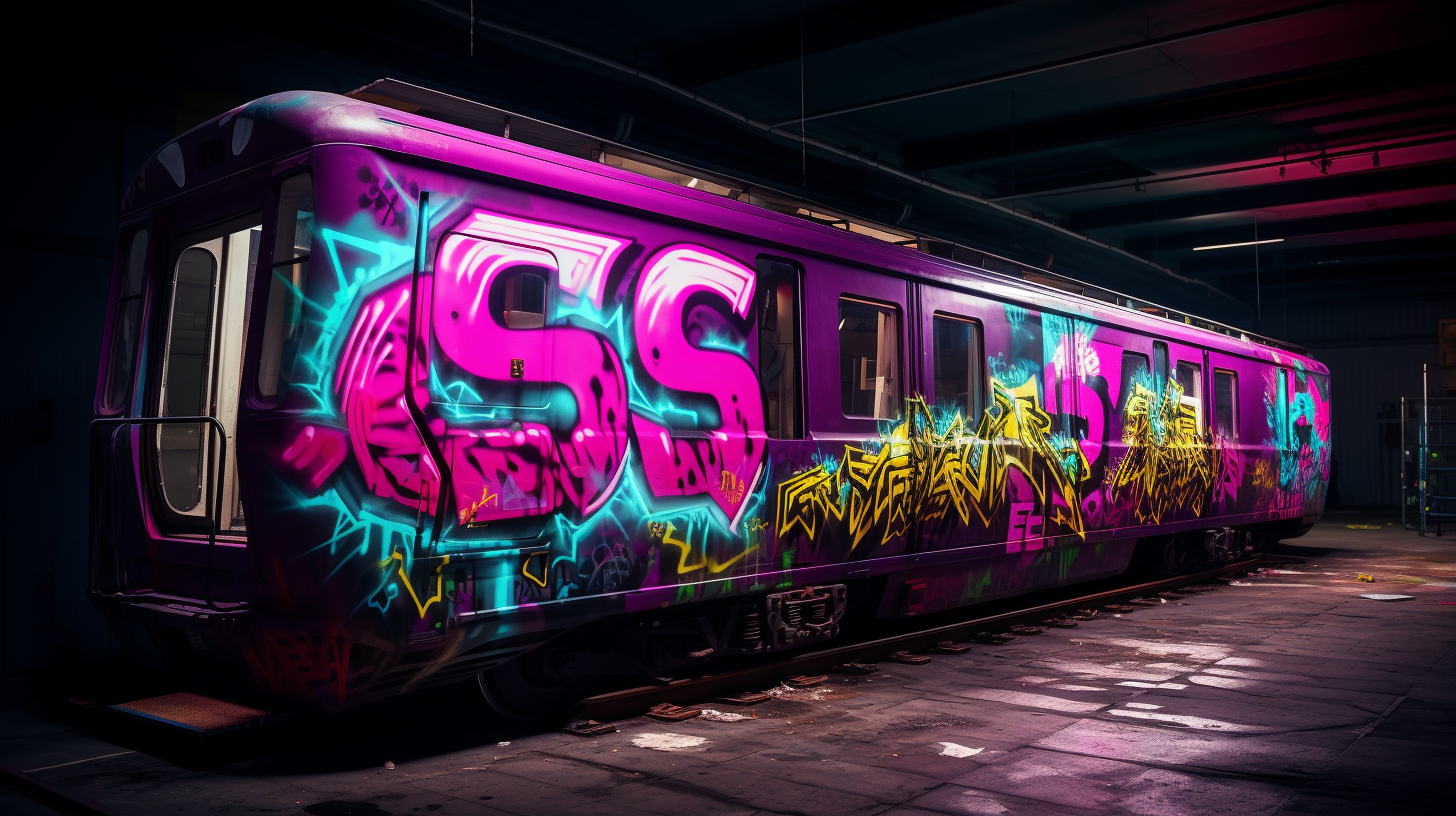 Neon cyberpunk graffiti on train carriage