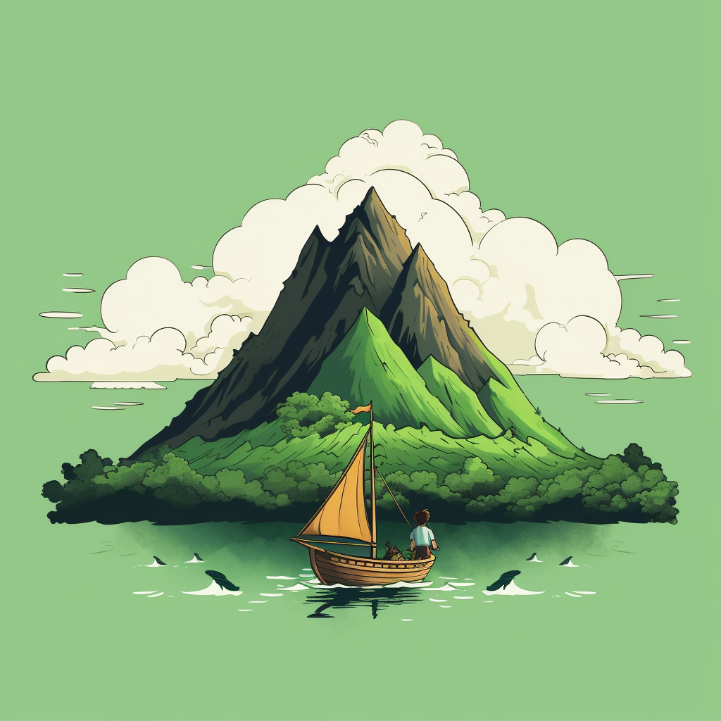 Illustration of a boy on a boat stuck on a mountaintop