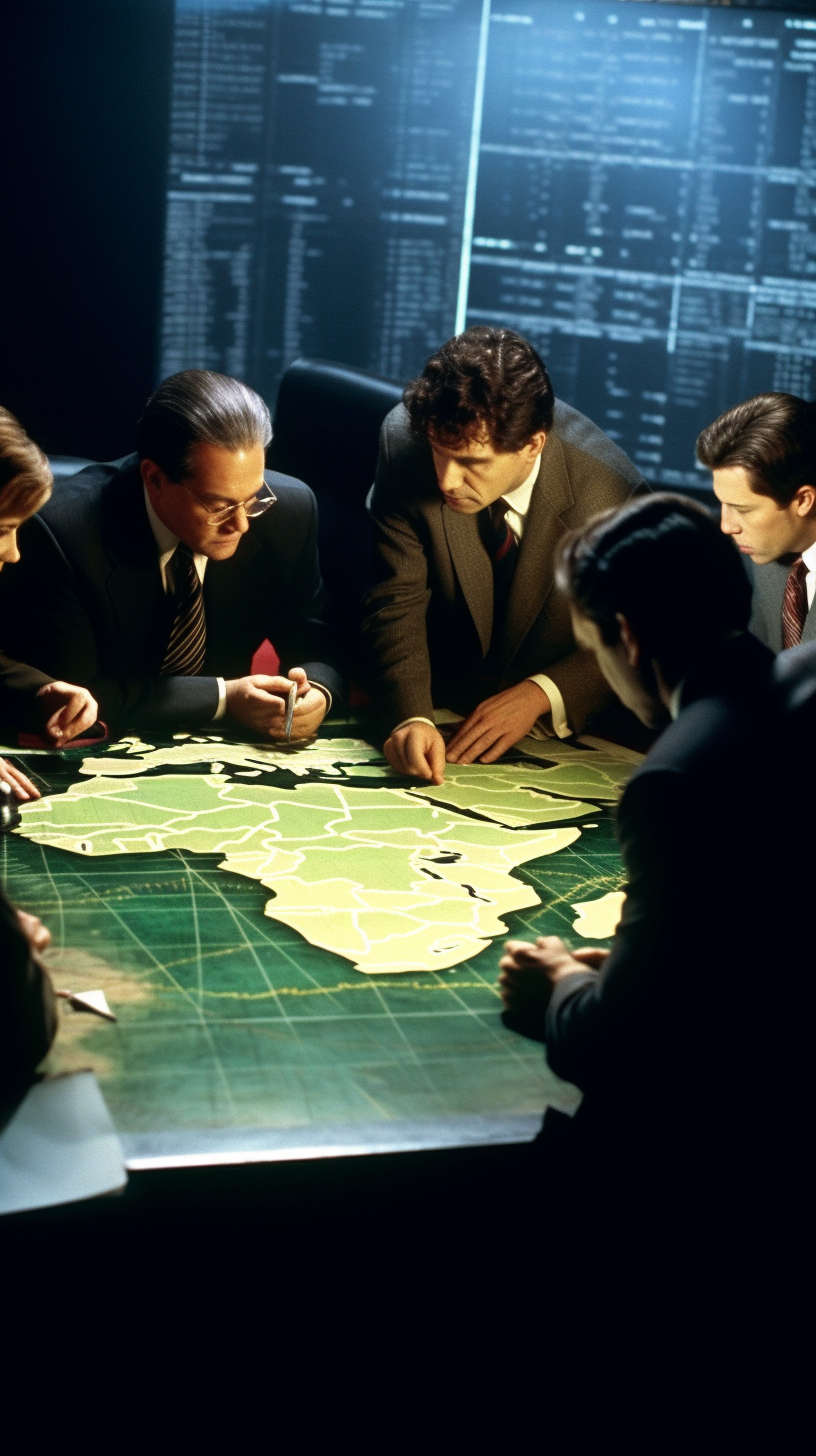 Agents discussing strategies with maps and gadgets