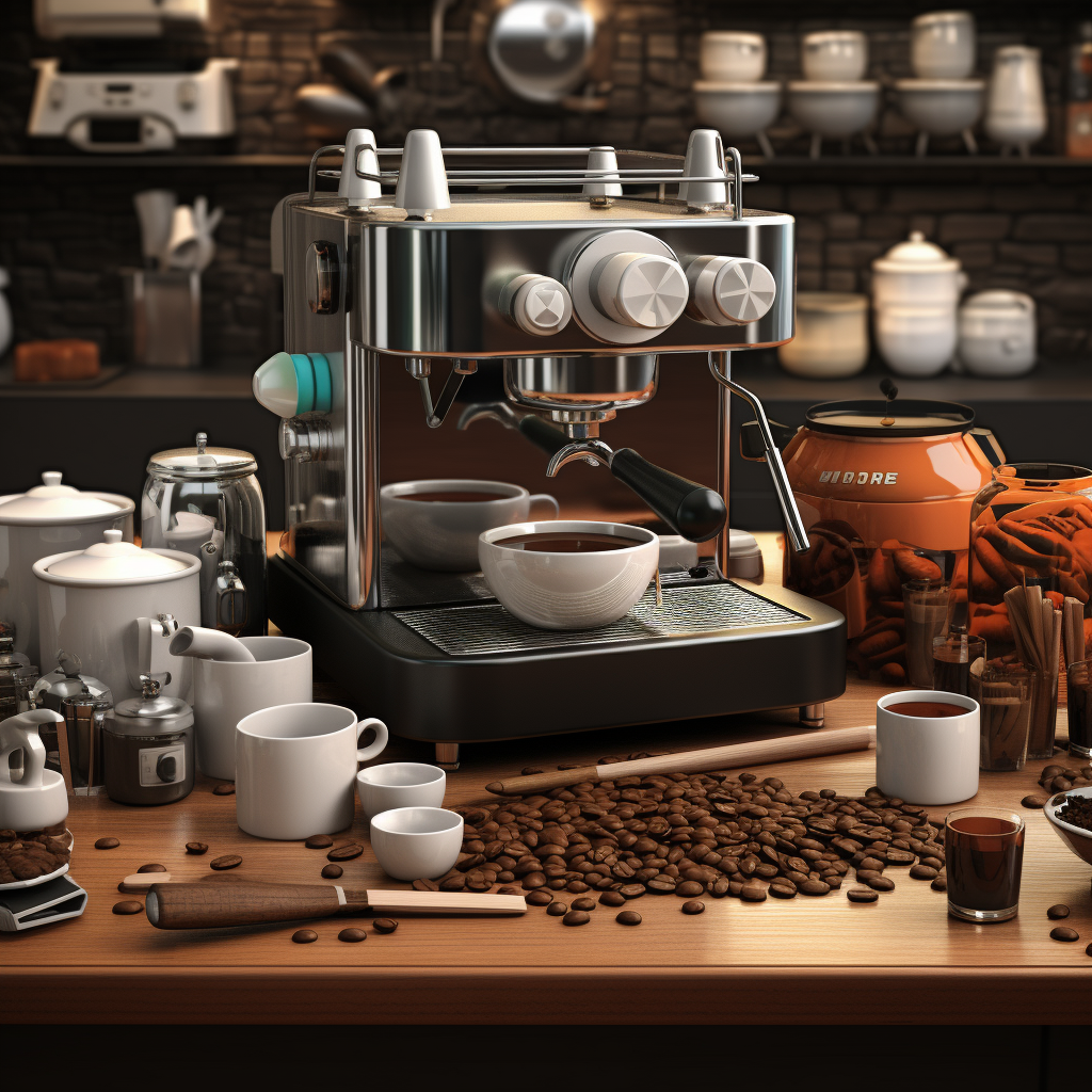 Various espresso tools and gadgets in a kitchen scene