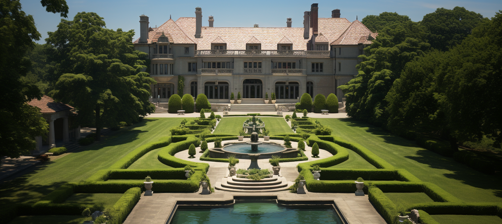 Aerial view of grand estate with manicured grounds