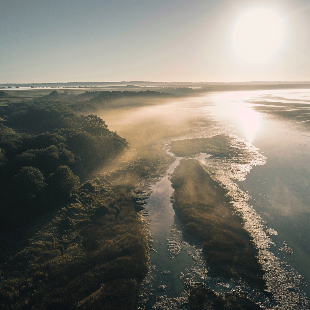 Aerial view of misty estuary with lens flare