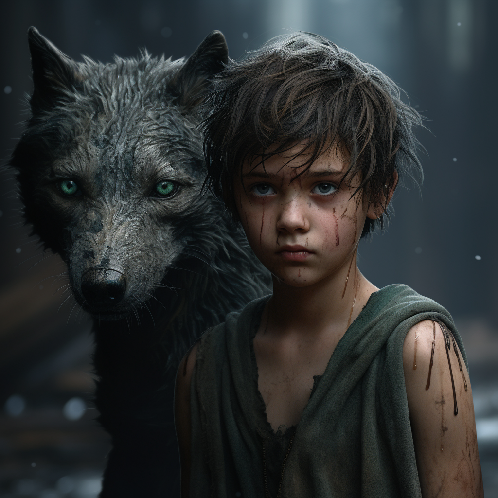 Ethan, the Teenager with his Loyal Giant Wolf