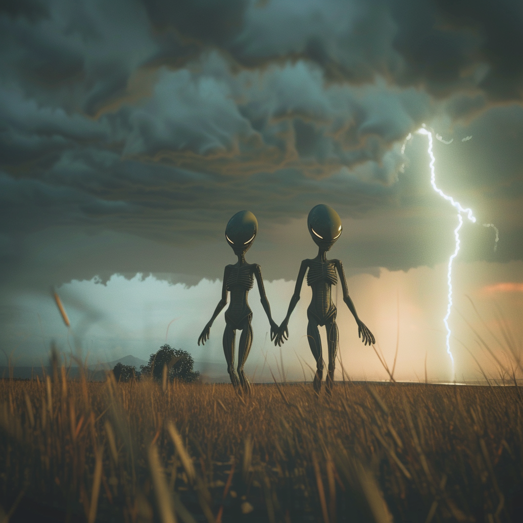 Two beautiful ethereal aliens watching storm