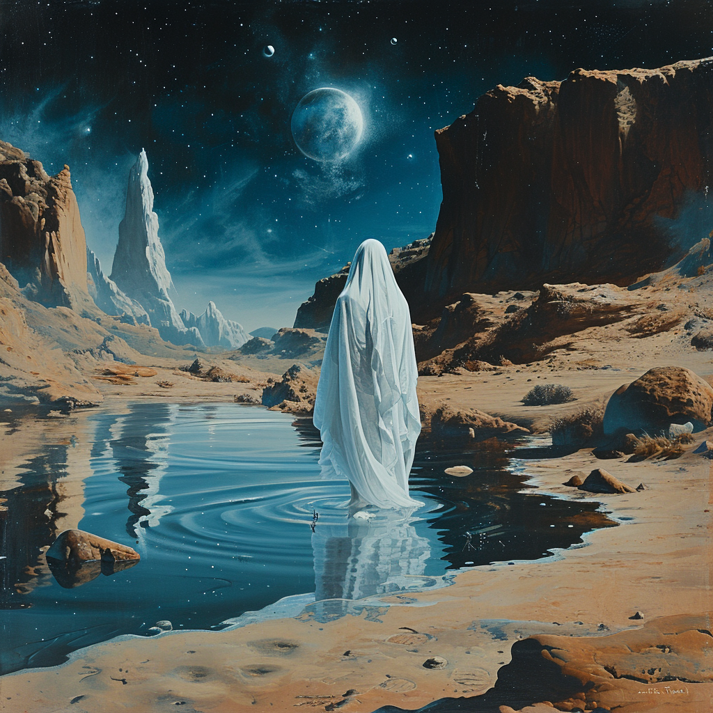 Translucent being in lunar landscape