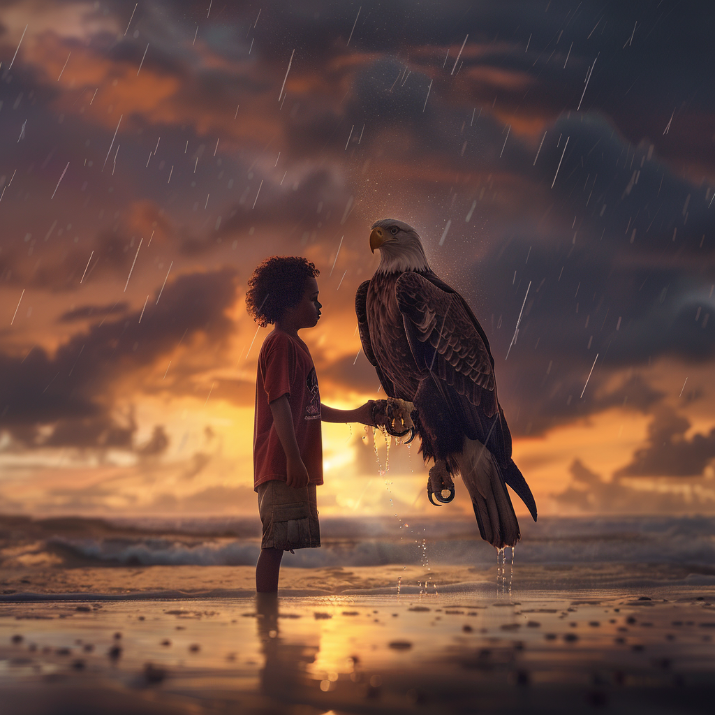 African-American child with American Bald Eagle on beach