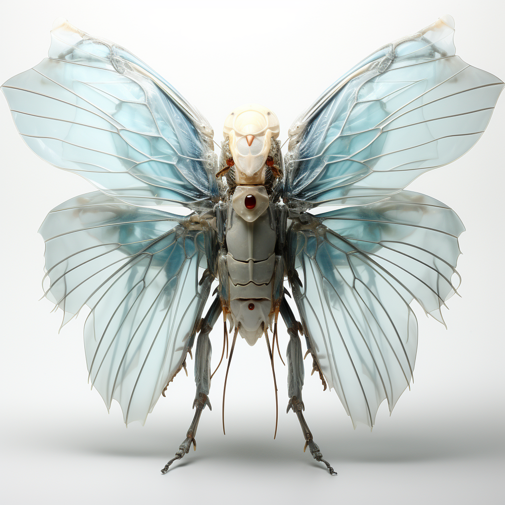 Photorealistic humanoid cicada being with translucent wings