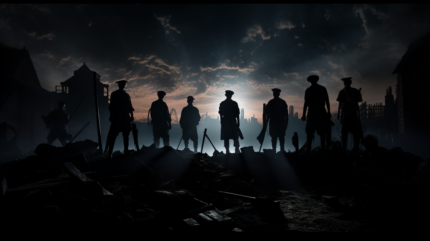 Silhouettes of historical laborers and soldiers