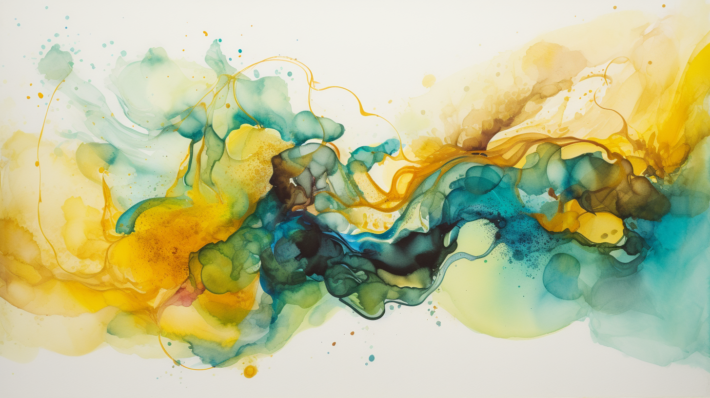 Ethereal watercolor artwork with vibrant yellow and teal abstract waves