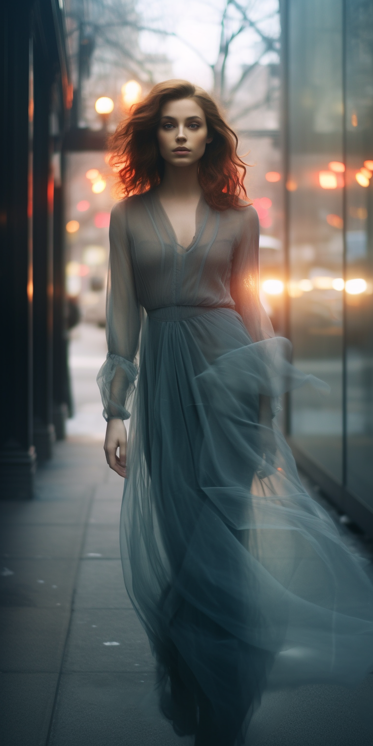 Ethereal woman standing on sidewalk, sheer, facing camera