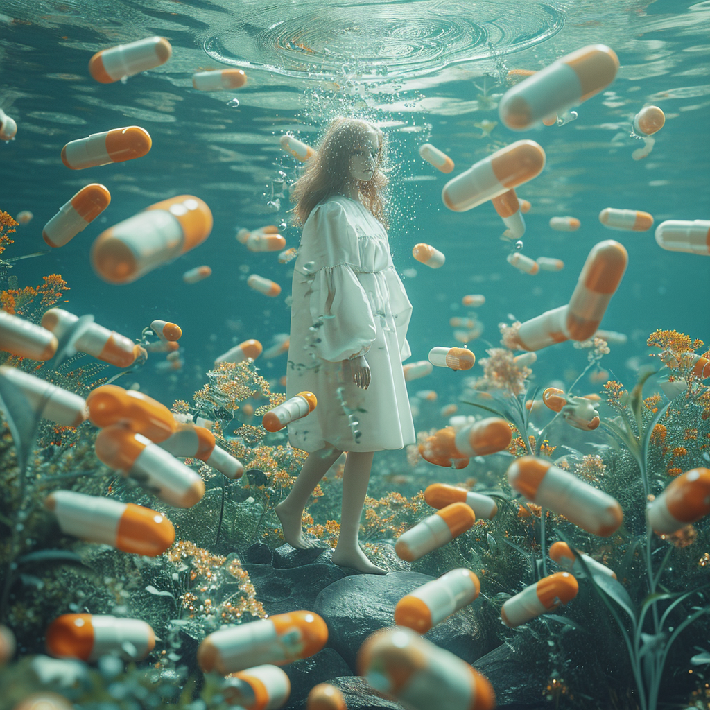 Ethereal woman standing on fish capsules