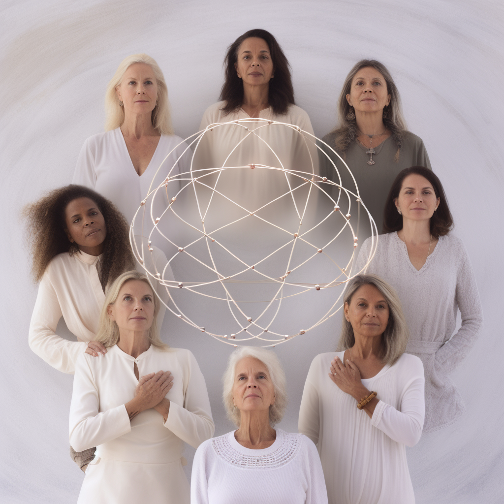 Ethereal women connecting in sacred geometry circle