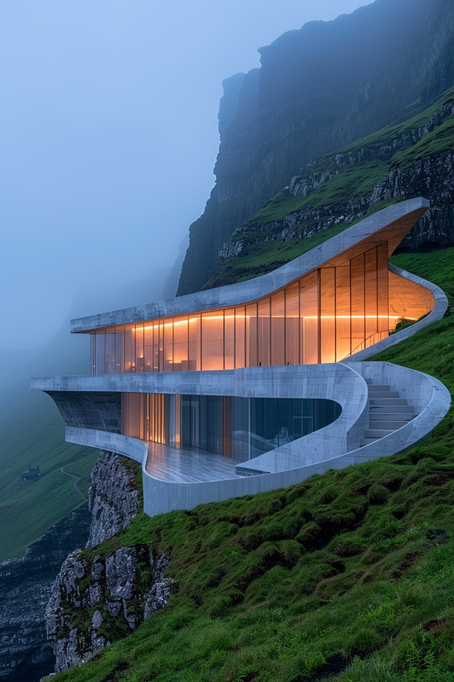 Ethereal building Faroe Islands cliffs geometric