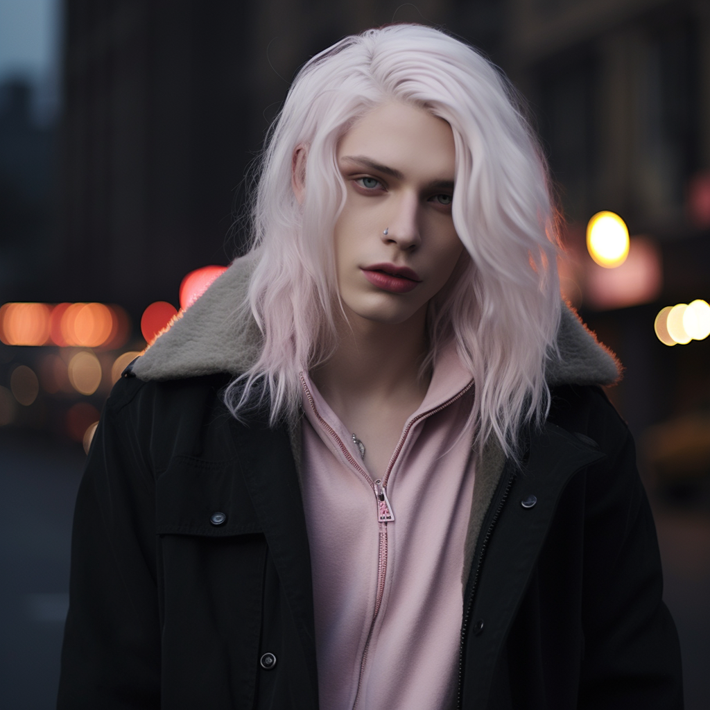 Androgynous male with ethereal beauty and white hair