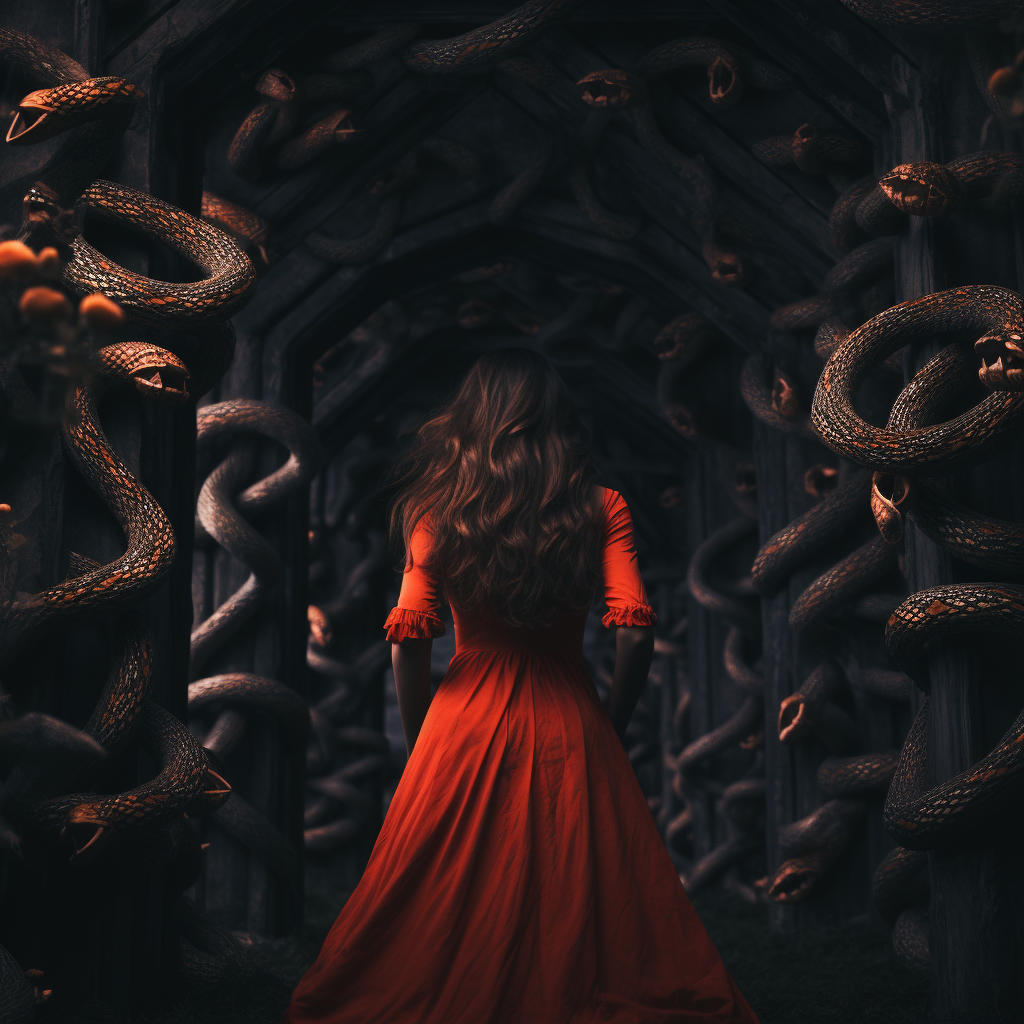 Woman in red dress with snake in ethereal garden.