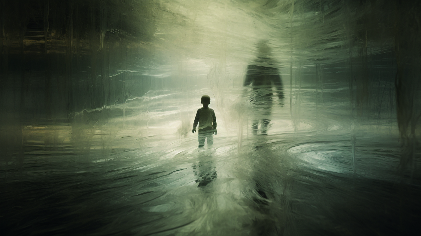 Ghostly man and child wander in tunnel with water ripples