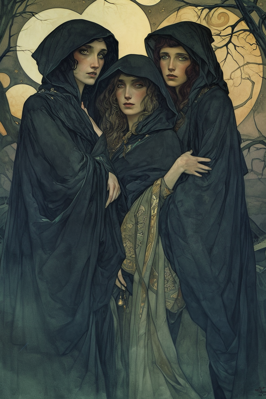 Four women in beautiful black hooded cloaks