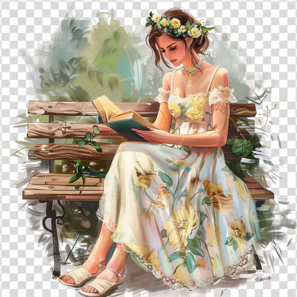 Beautiful ethereal woman reading on bench