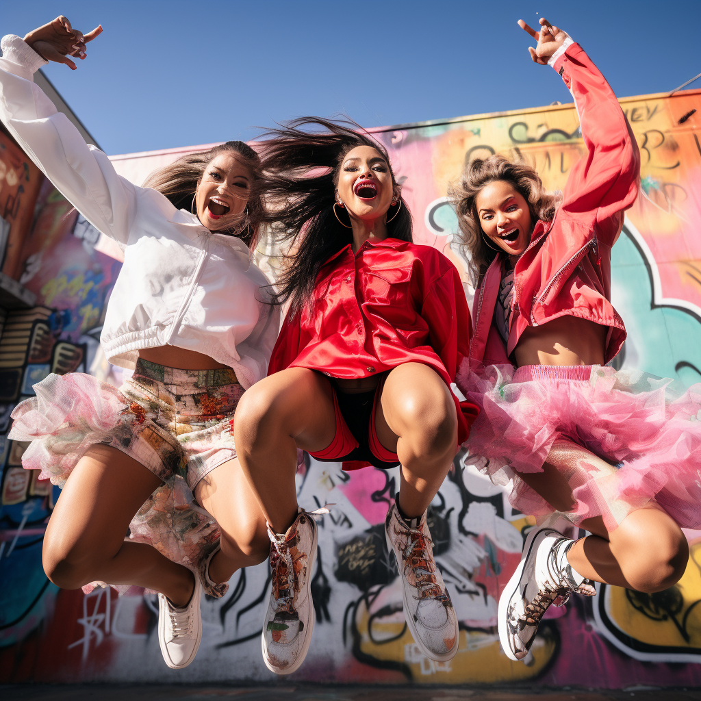 Ethnic Gen Z Girls in Supreme Streetwear Jumping Off Curb