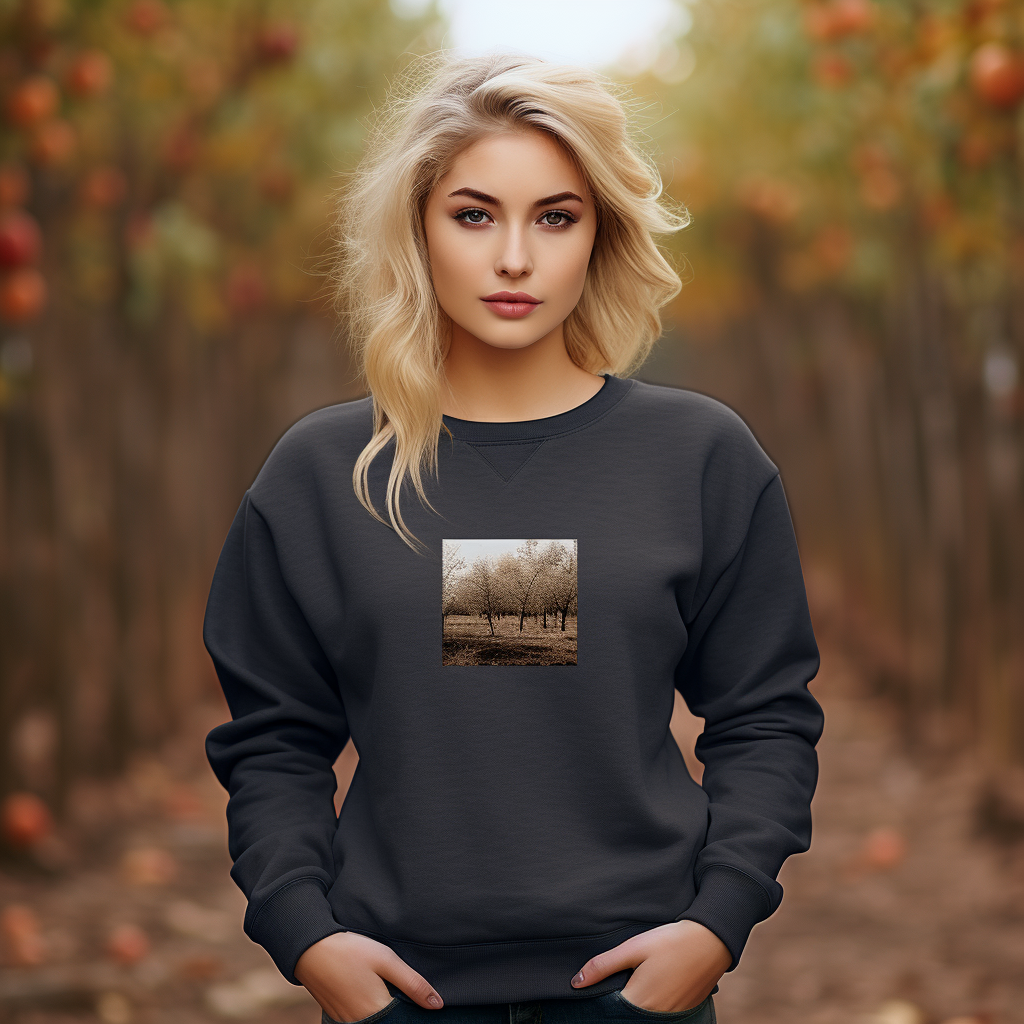 Fashionable woman wearing gray Gildan sweatshirt