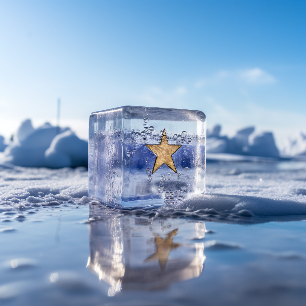 Euro inside ice cube on snowy background