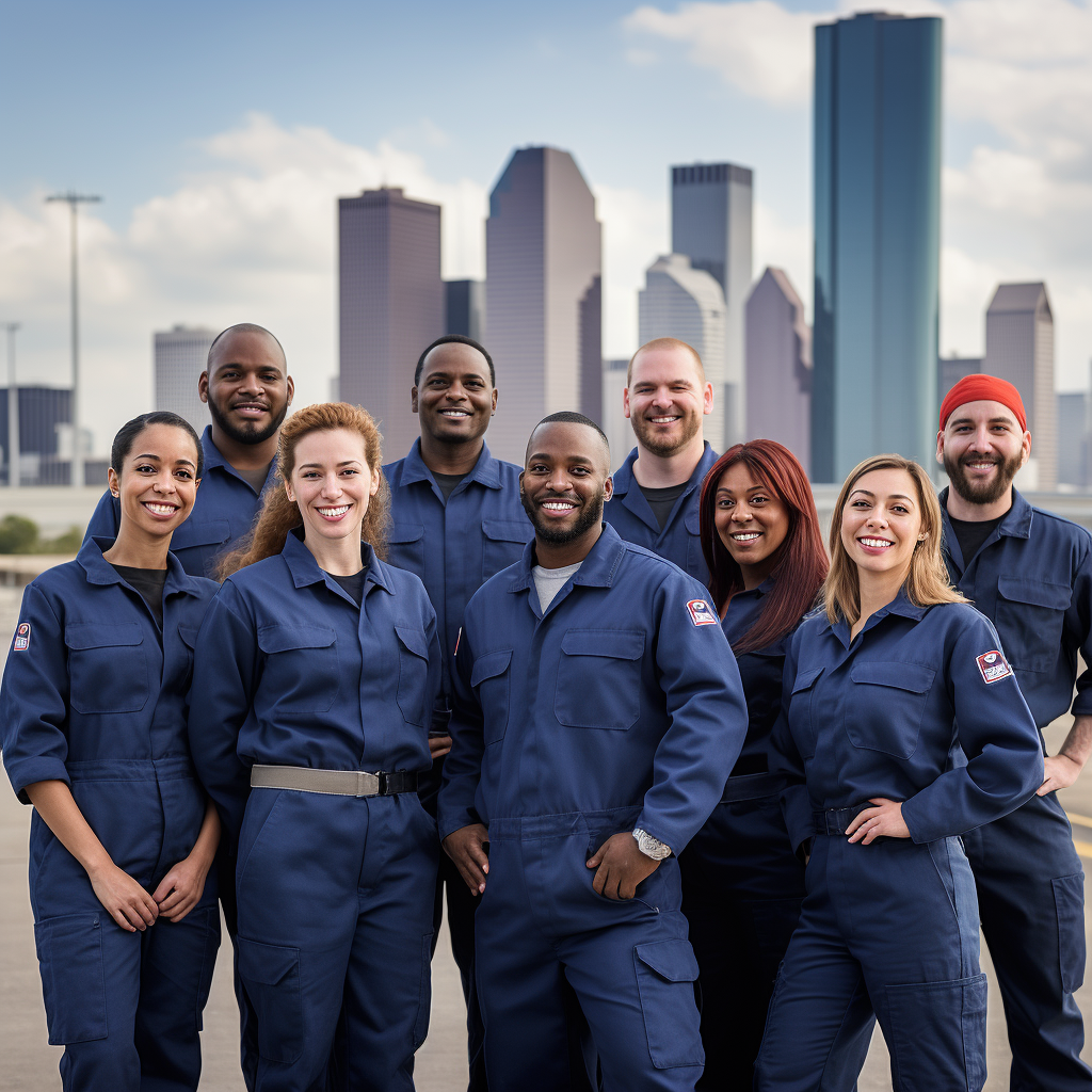 European workers smiling with Houston Texas skyline