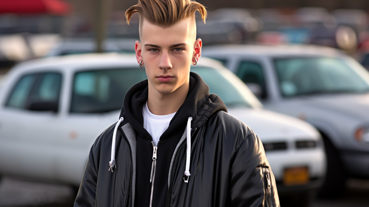 European male high school student with black sports car