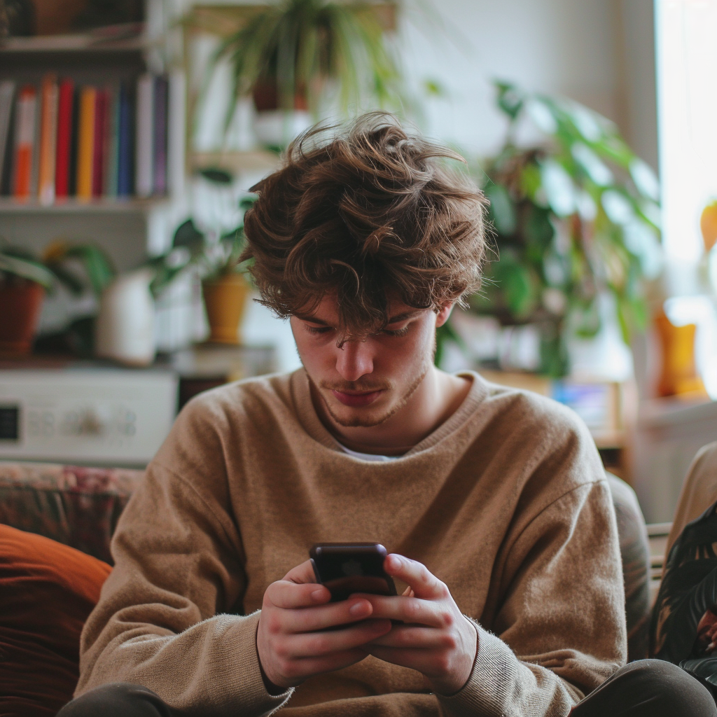 European man using phone in private space