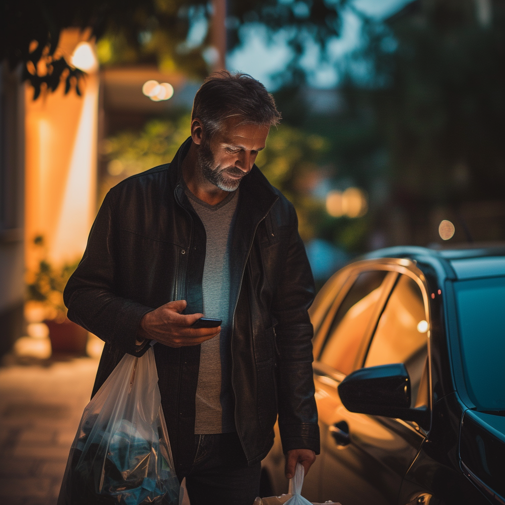 European Man Checking Phone Near Car with Bags of Food