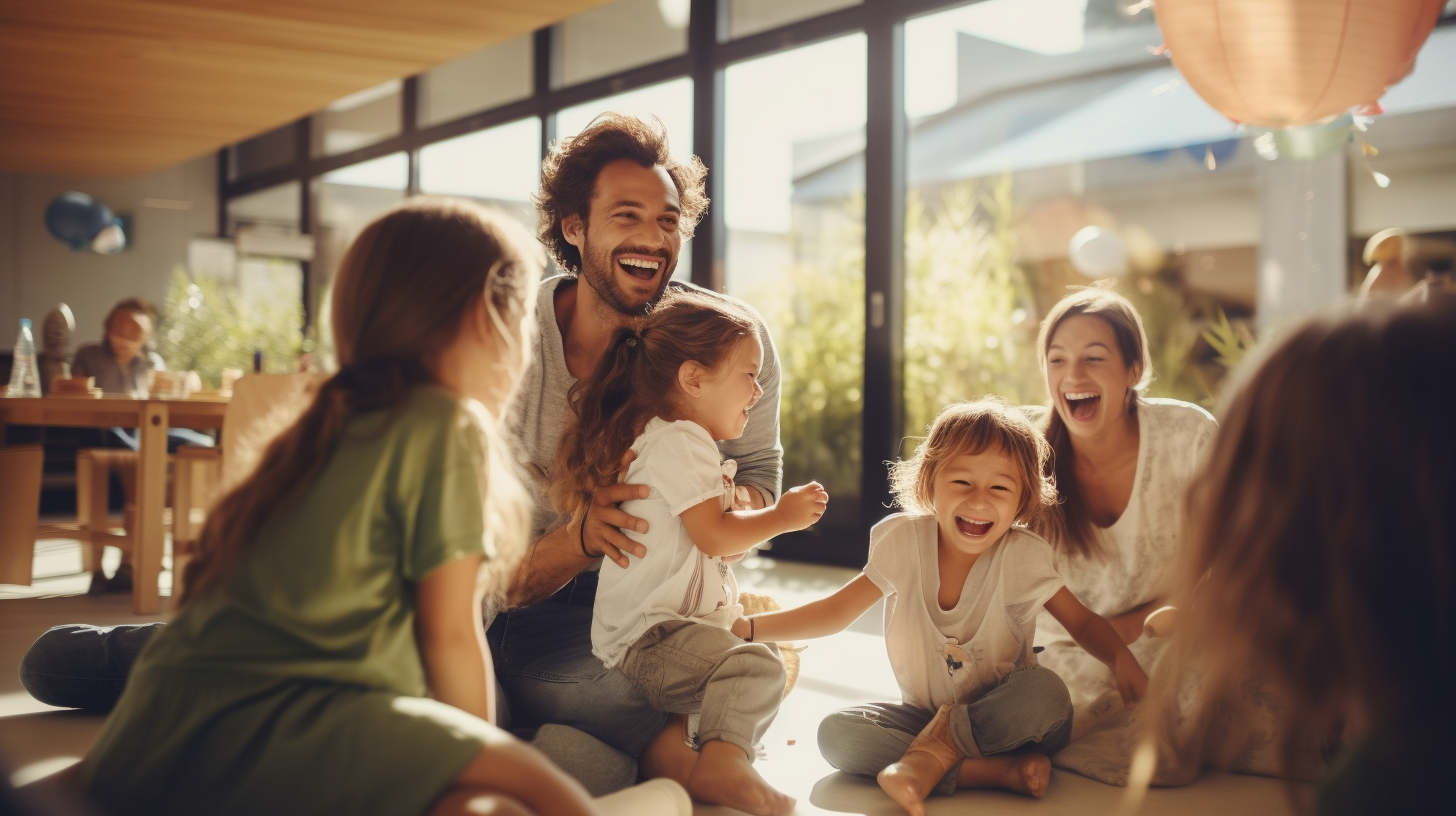 European parents and children playing in community centre