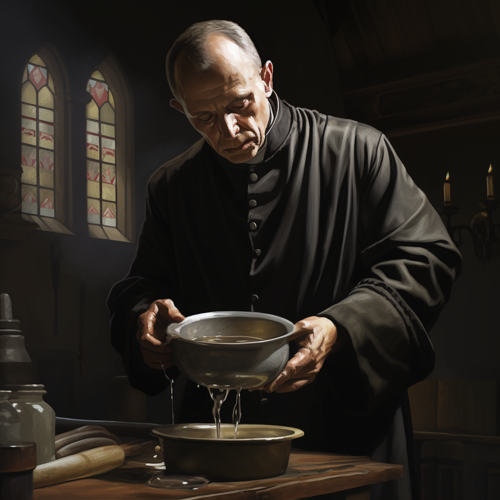 European priest sprinkling water from plate