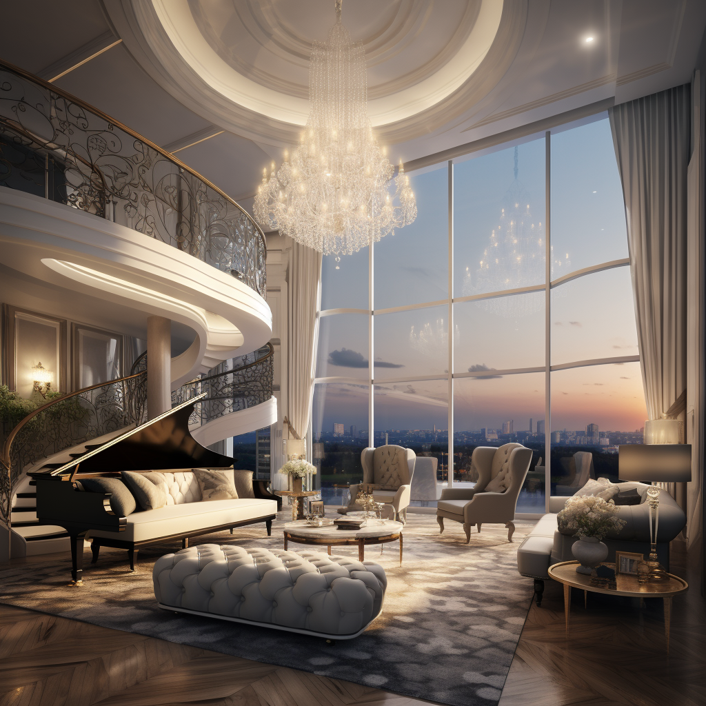 Luxurious double decker living room with grand piano